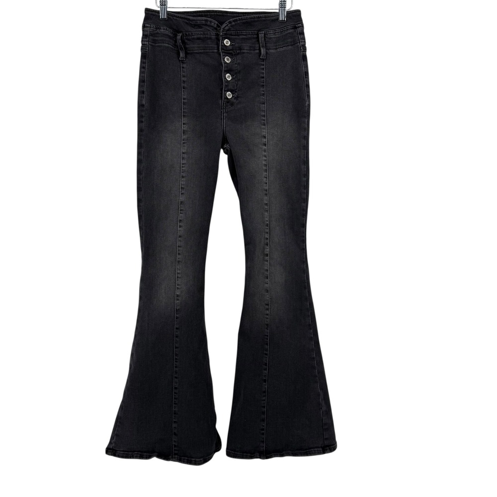 Free People After Dark Faded Black Wash Flare Jeans High Rise Button Fly Size 30